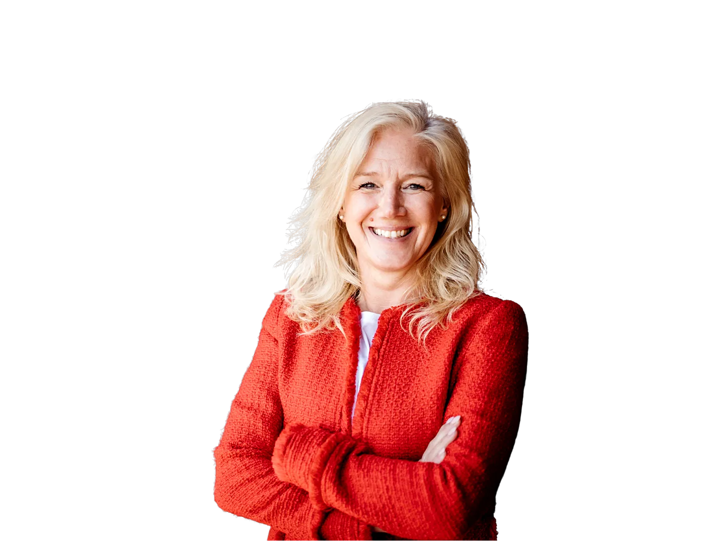 Starkes Coaching für starke Frauen | Sabine Kohl Coaching Sabine Kohl mit roter Weste vor transparentem Hintergrund